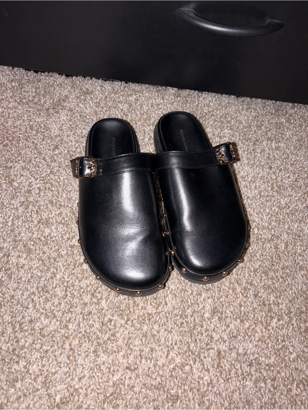 French Connection Black Leather Mule Clogs with Gold Studs and Buckle
